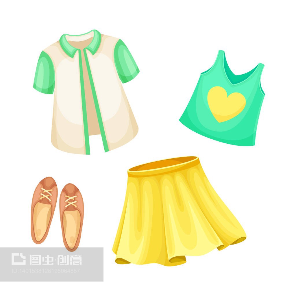 女孩套裝的夏季服裝。襯衫,背心,裙子和芭蕾舞鞋卡通矢量插圖